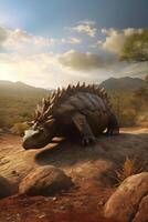 Guardian of the Prehistoric Realm A Realistic Illustration Showcasing the Mighty Ankylosaurus in a Mesmerizing Prehistoric Landscape photo