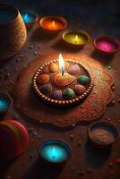 vibrante festivo decoraciones con vistoso velas para indio diwali celebraciones ai generado foto