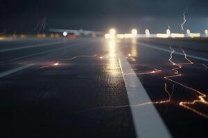 Tormentoso aterrizaje un ver de un aeropuerto pista durante pesado lluvia y relámpago ai generado foto