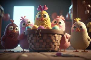 Cute Easter Chicks Nesting with Colorful Easter Eggs photo