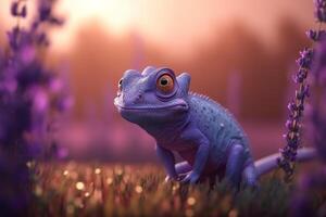 Lavender Lizard A Photorealistic Cartoon Chameleon in a Field of Lavender photo