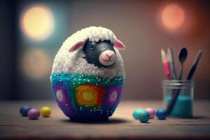 Little sheep painting Easter eggs and looking like one too photo