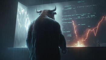 Tempestuous Crash A Mystical Image of a Furious Bull during a Stock Market Crash photo