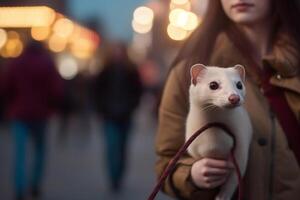 Urban Adventure A Young Woman Taking Her Ferret for a Walk in the City photo