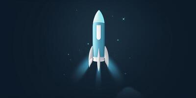 Symbolic 3D Rendering of White Rocket Model against Blue Background for Startup Concepts photo