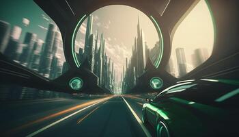 Warping Through the Future High-Speed Highway in a Futuristic City photo