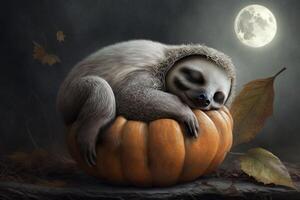 Exhausted tired sloth has fallen asleep on a Halloween pumpkin photo