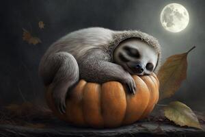 agotado cansado perezoso tiene caído dormido en un Víspera de Todos los Santos calabaza ai generado foto