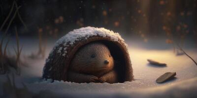 Lonely Mole peeking from his snow-covered burrow in the cold winter photo