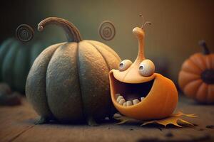 un gracioso cuento de hadas caracol con un calabaza ai generado foto