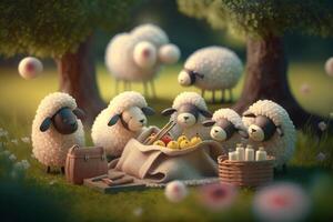 Furry friends' picnic Cute little sheep enjoying a summer day in the meadow photo