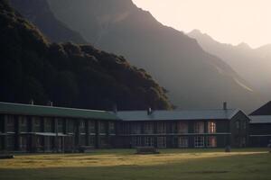 Panoramic view of a hostel in the mountains surrounded by lush green landscape photo