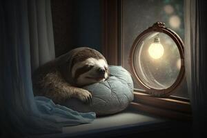 happy and tired sloth sleeps in a bed with pillow window and moon photo