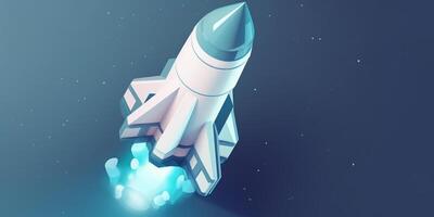 Symbolic 3D Rendering of White Rocket Model against Blue Background for Startup Concepts photo