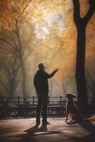 canino Tiempo de juego perro y propietario persiguiendo pelota en el parque ai generado foto