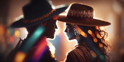 un mexicano Pareja bailando en tradicional ropa con sombreros y bokeh ai generado foto