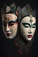 vibrante chino ópera mascaras en monitor ai generado foto