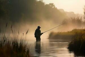 pescar a amanecer pescador de caña en el brumoso lago con pescar varilla ai generado foto