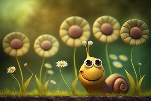 A funny snail among flowers in spring on a meadow photo