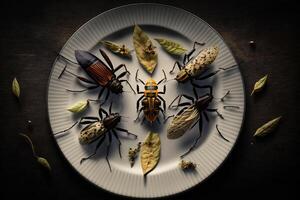 asqueroso insectos gatear en un plato ai generado foto