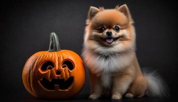 Adorable Pomeranian dog posing with a Halloween pumpkin photo