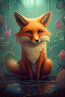 Enchanting Adventures of a Little Fox in a Magical Realm A Comic-Style Digital Painting with Vivid Contrasting Colors photo