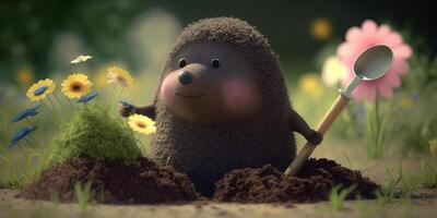 Funny cute Mole Gardening with gardening tools and a Smile photo