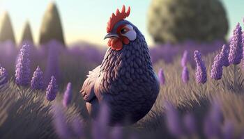 majestuoso gallo en un lavanda campo a puesta de sol ai generado foto