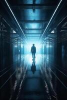 Finding the Way Out A Journey Through a Futuristic Blue Corridor photo