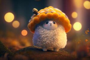 Funny and Adorable Woolen Sheep Dressed as a Mushroom in an Enchanting Fairytale Forest photo