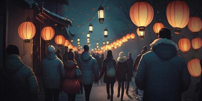 Enchanted Chinese Lantern Festival with Glowing Orange Lights and Crowds of People photo