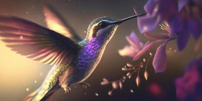 flying hummingbird closeup in purple color scheme illustration photo