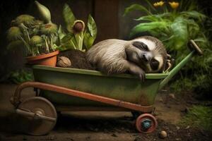 Exhausted and tired sloth fell asleep in a wheelbarrow while gardening photo