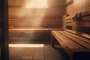 Radiant Sauna A Serene Escape with Sunbeams and Warm Wood photo