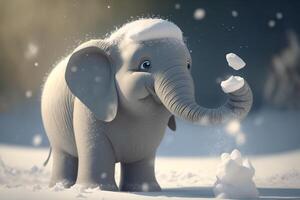 un linda pequeño elefante teniendo divertido jugando en el nieve ai generado foto