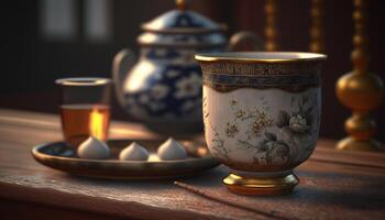 Traditional Chinese Tea Cup Setting with Decorative Elements photo