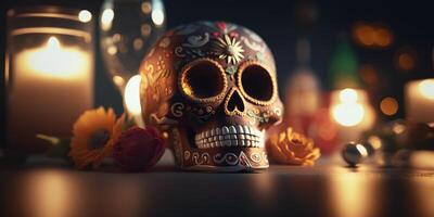 Colorful Decorated Skull Celebrating Mexican Day of the Dead Festival photo