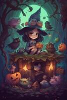 The Little Witch and the Enchanted Creatures A Magical Journey in a Comic Style Digital Painting with Vibrant Contrasting Colors photo