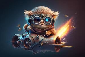 funny baby owl in a flying object with aviator goggles in the sky photo