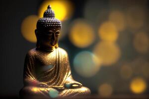 Close-up of golden Buddha statue with bokeh background photo