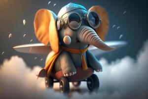 volador alto con el adorable pequeño elefante piloto encima el nubes ai generado foto