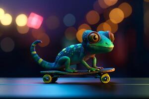 Skating through the city A cool photorealistic cartoon chameleon on a skateboard photo