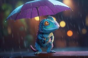 Rainy Day Chameleon A Photorealistic Cartoon Character with an Umbrella photo