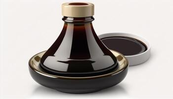 Isolated Chinese Soy Sauce Bottle on White Background with Reflection photo