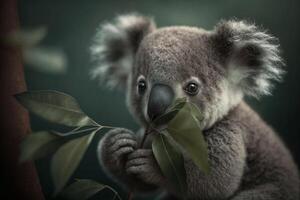 Koala sits in a tree and eats eucalyptus leaves Content photo