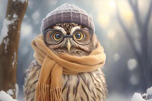 Owl with scarf and hat in cold winter photo