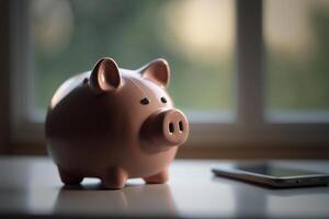 A piggy bank sitting on a windowsill with a view photo