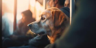 paciente perro en público tránsito un perro en su del propietario regazo en un ocupado tranvía ai generado foto