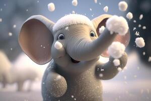 un linda pequeño elefante teniendo divertido jugando en el nieve ai generado foto