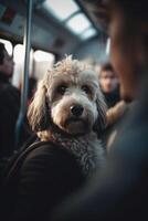 paciente perro en público tránsito un perro en su del propietario regazo en un ocupado tranvía ai generado foto